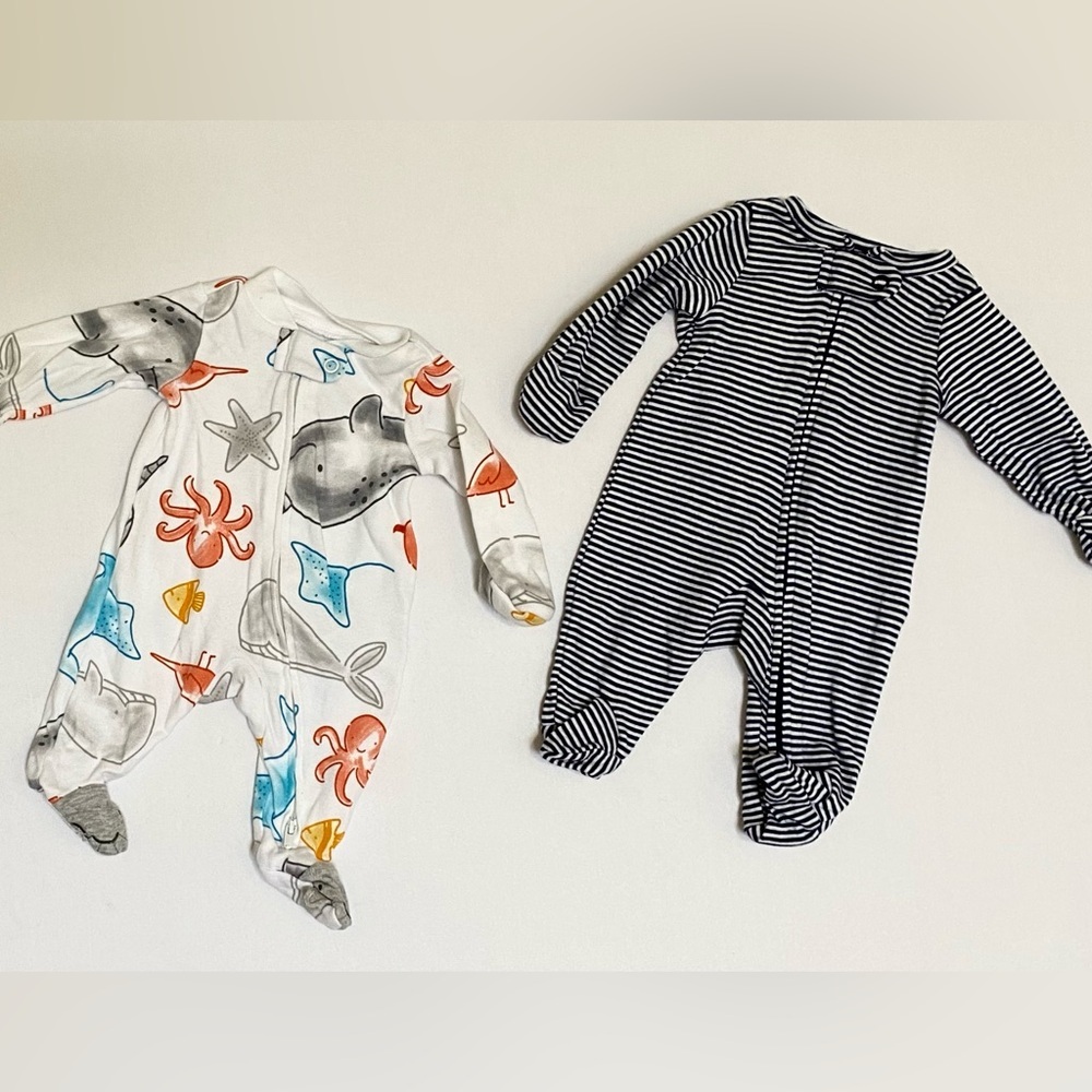Carter's 2 Way Zip Preemie Sleep & Play White Ocean Print & Navy Stripe